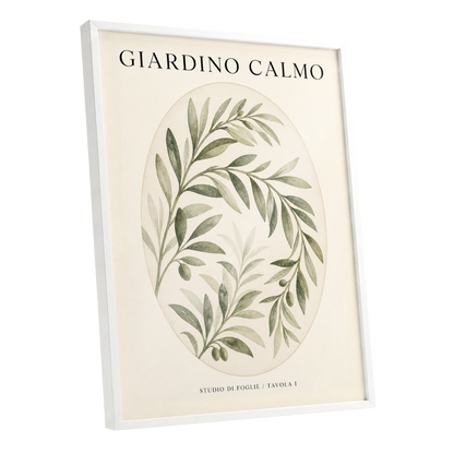 Calm Olive Garden, green, beige, black nature wall art shown as a white framed poster wall art print