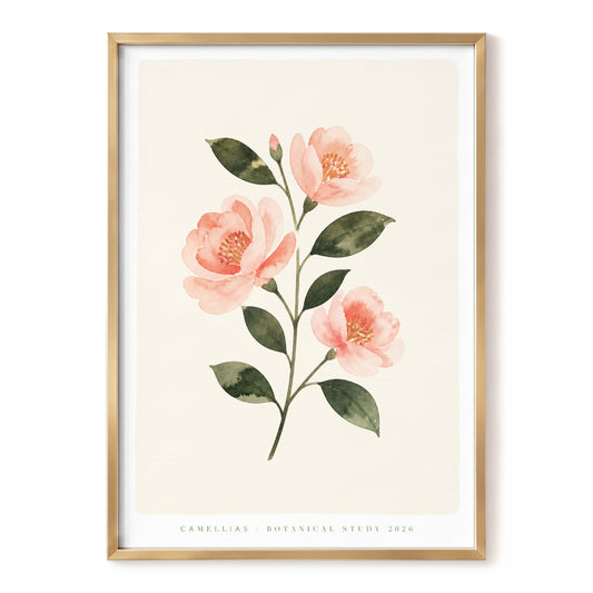Camellia Blush, pink, green, beige floral wall art, front artwork view