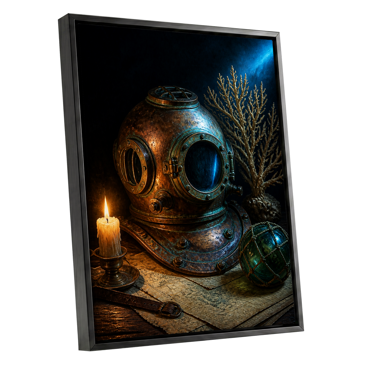 Candlelit Depths, black, blue, brown abstract wall art shown as a black framed canvas wall art