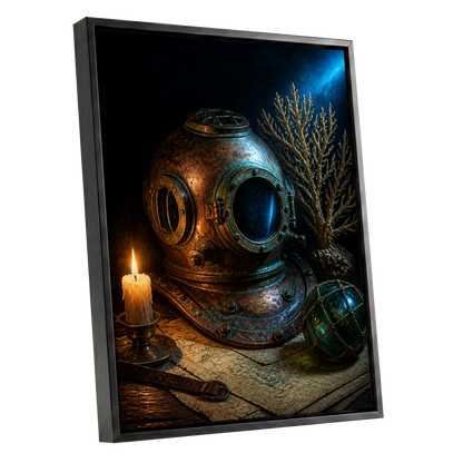 Candlelit Depths, black, blue, brown abstract wall art shown as a black framed canvas wall art