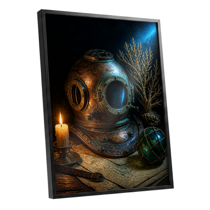 Candlelit Depths, black, blue, brown abstract wall art shown as a black framed poster wall art print