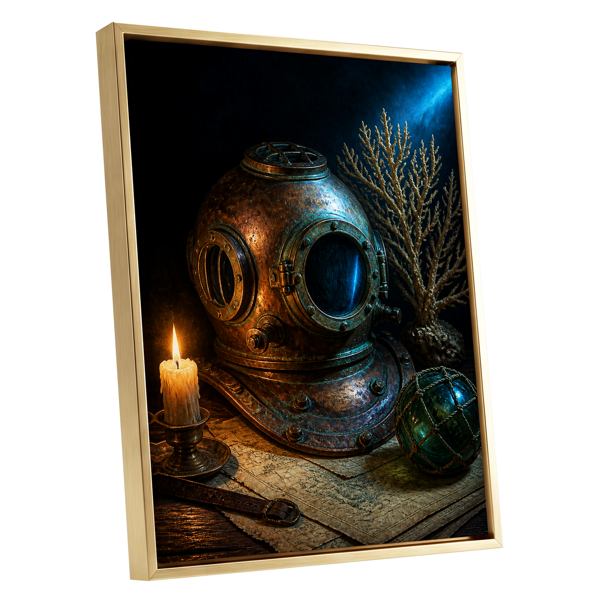 Candlelit Depths, black, blue, brown abstract wall art shown as a gold framed canvas wall art