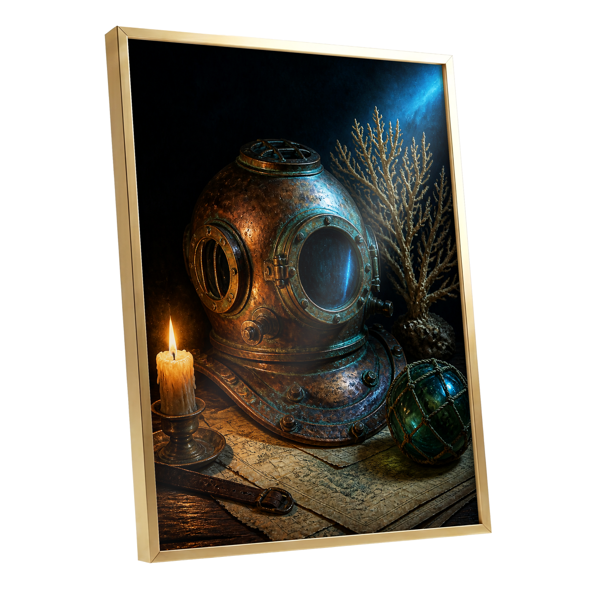 Candlelit Depths, black, blue, brown abstract wall art shown as a gold framed poster wall art print