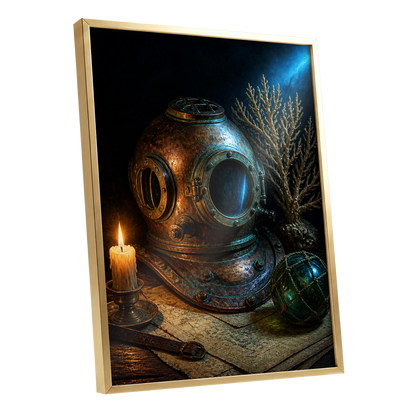 Candlelit Depths, black, blue, brown abstract wall art shown as a gold framed poster wall art print