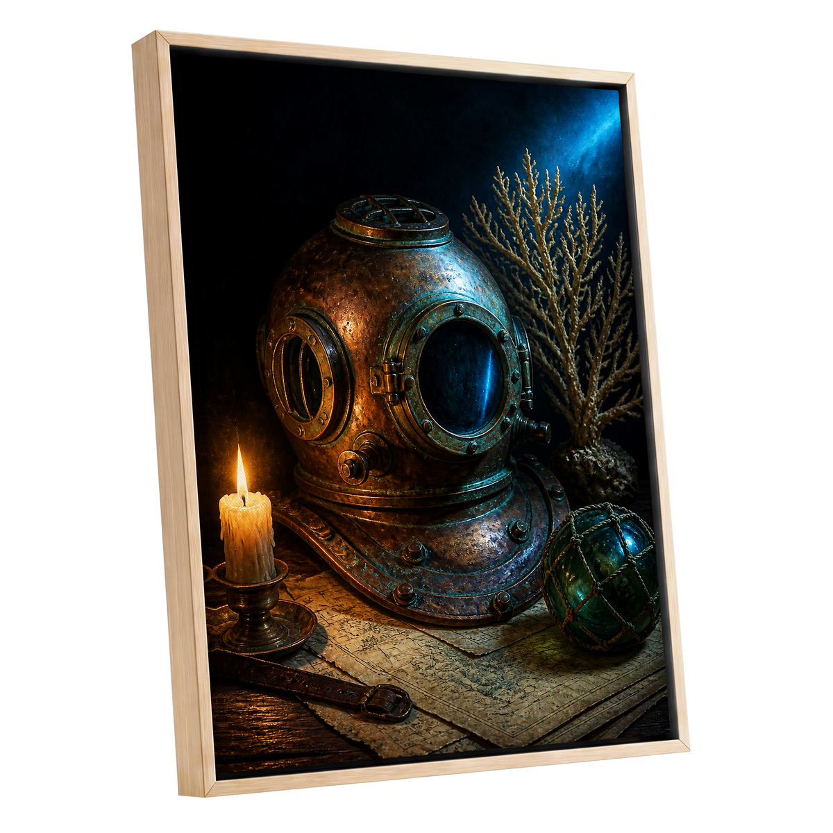 Candlelit Depths, black, blue, brown abstract wall art shown as a oak framed canvas wall art