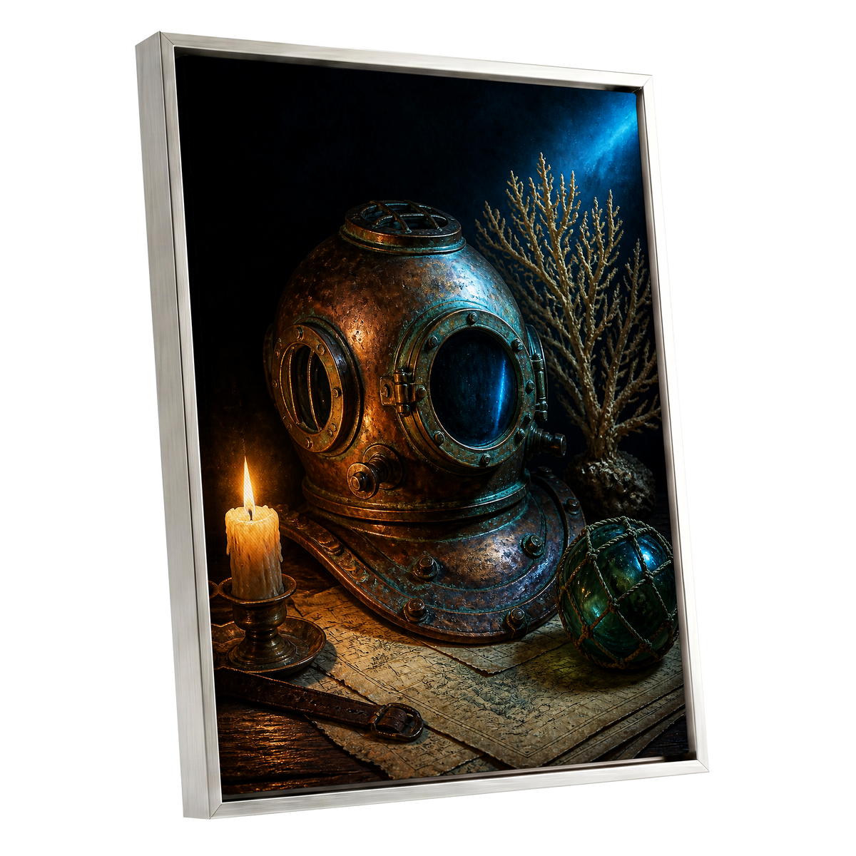 Candlelit Depths, black, blue, brown abstract wall art shown as a silver framed canvas wall art
