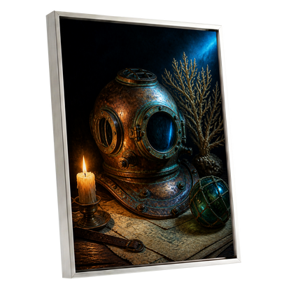 Candlelit Depths, black, blue, brown abstract wall art shown as a silver framed canvas wall art