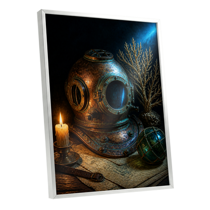Candlelit Depths, black, blue, brown abstract wall art shown as a silver framed poster wall art print