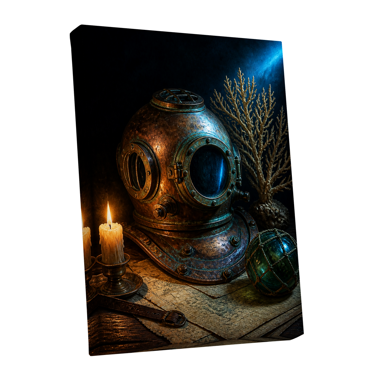 Candlelit Depths, black, blue, brown abstract wall art shown as a stretched canvas wall art