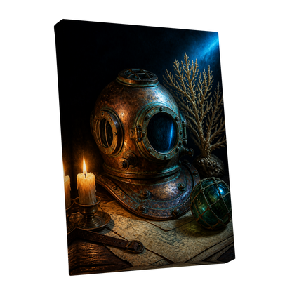 Candlelit Depths, black, blue, brown abstract wall art shown as a stretched canvas wall art