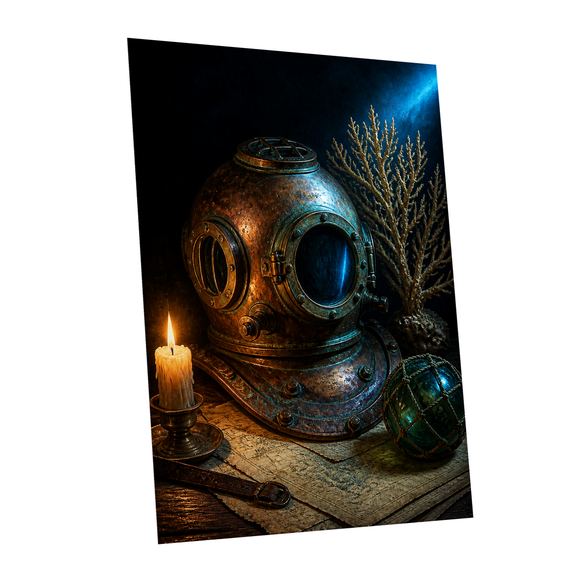 Candlelit Depths, black, blue, brown abstract wall art shown as a unframed poster wall art print