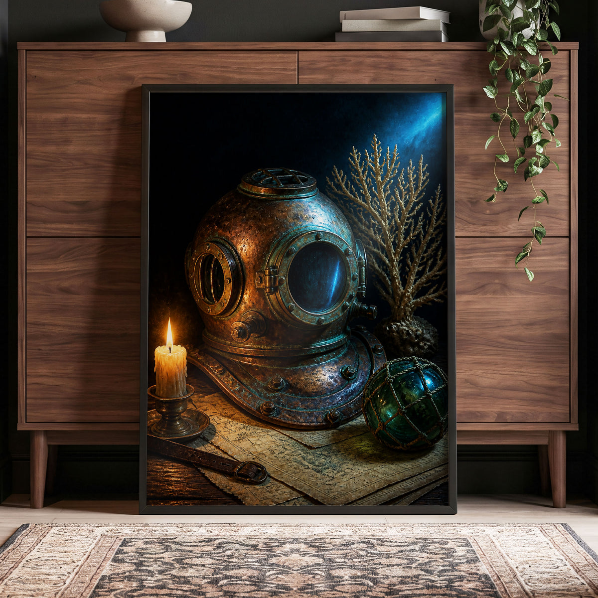 Candlelit Depths, black, blue, brown abstract wall art displayed in a styled interior, gallery view 2