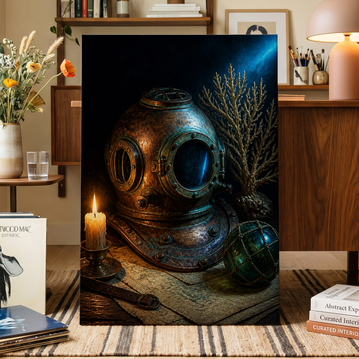 Candlelit Depths, black, blue, brown abstract wall art displayed in a styled interior, gallery view 3