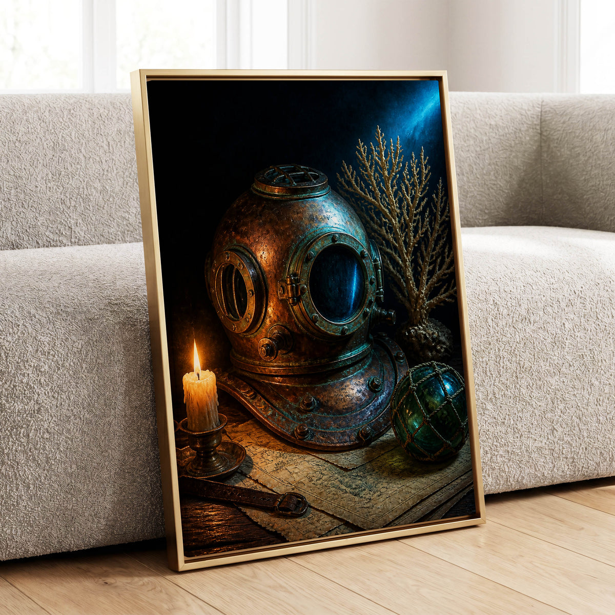 Candlelit Depths, black, blue, brown abstract wall art displayed in a styled interior, gallery view 4