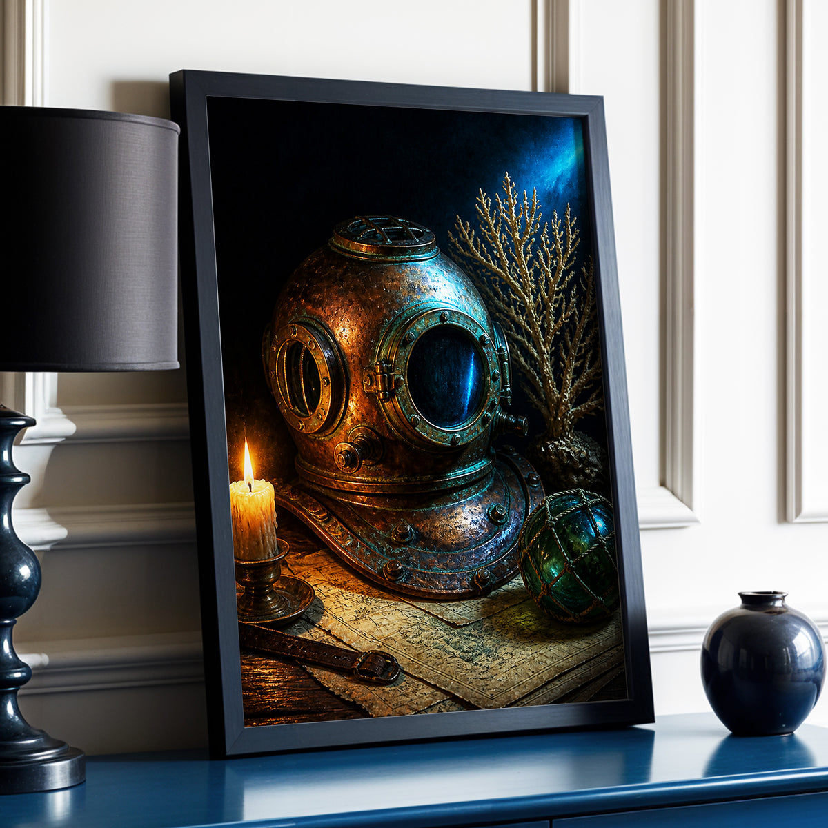 Candlelit Depths, black, blue, brown abstract wall art displayed in a styled interior, gallery view 6