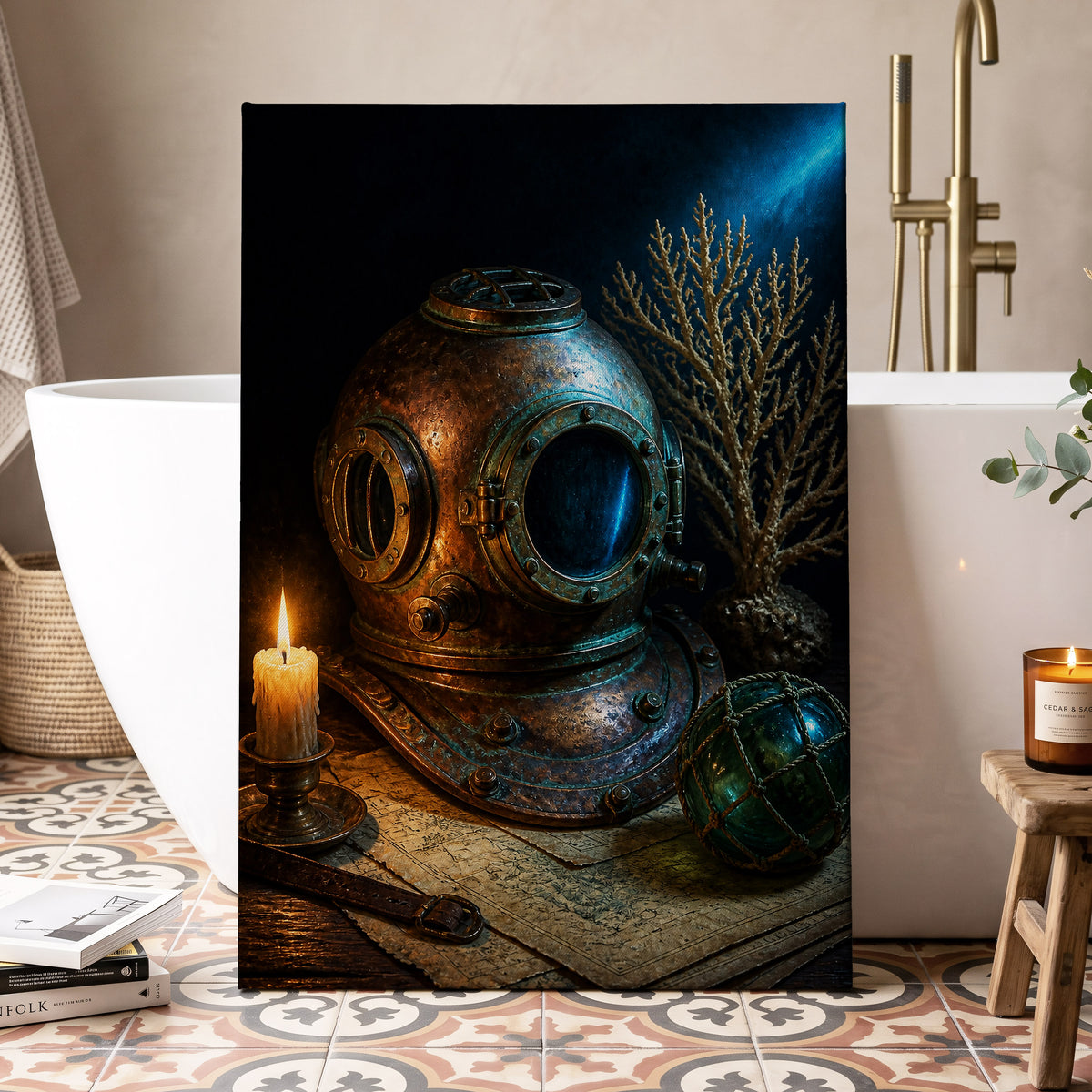 Candlelit Depths, black, blue, brown abstract wall art displayed in a styled interior, gallery view 7