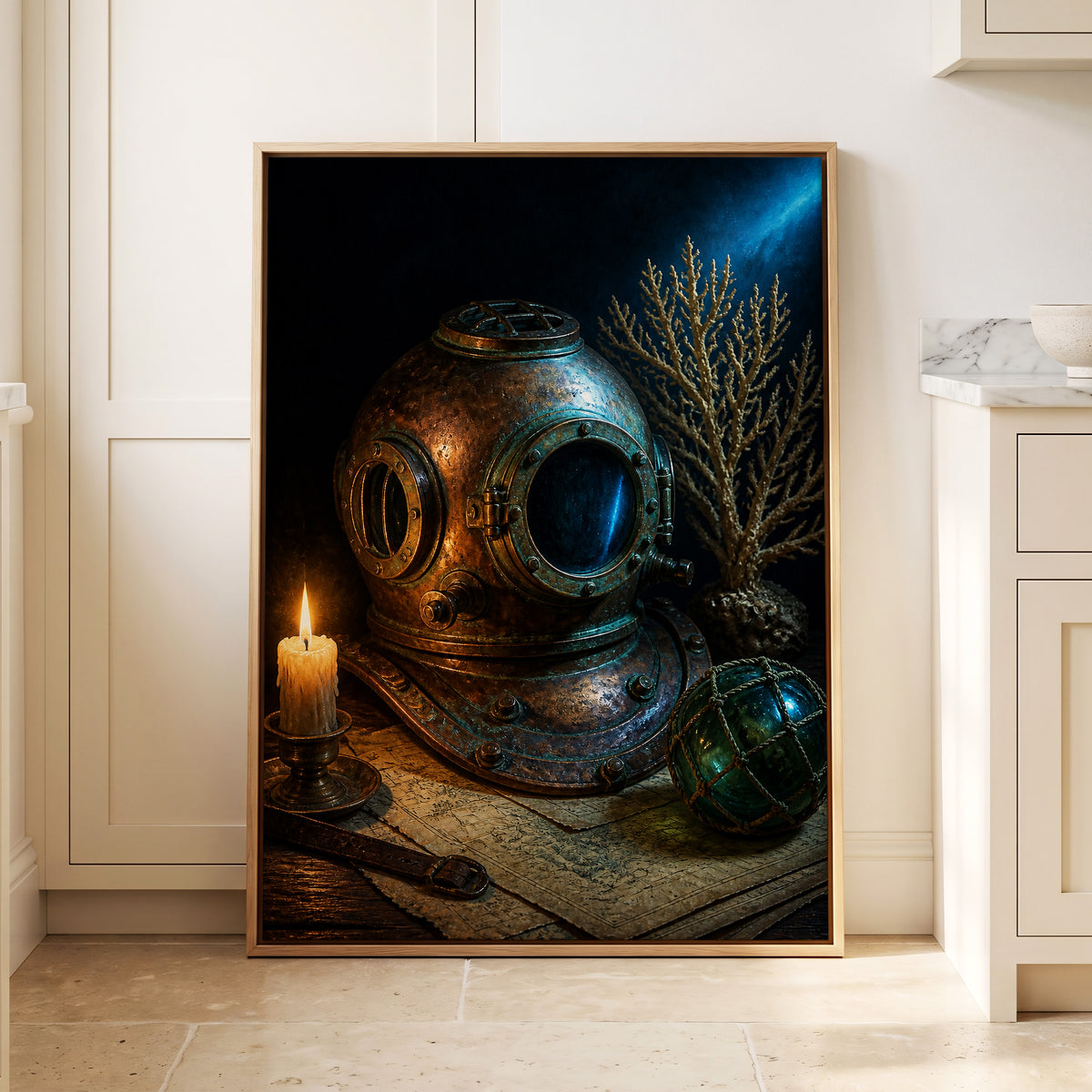 Candlelit Depths, black, blue, brown abstract wall art displayed in a styled interior, gallery view 8