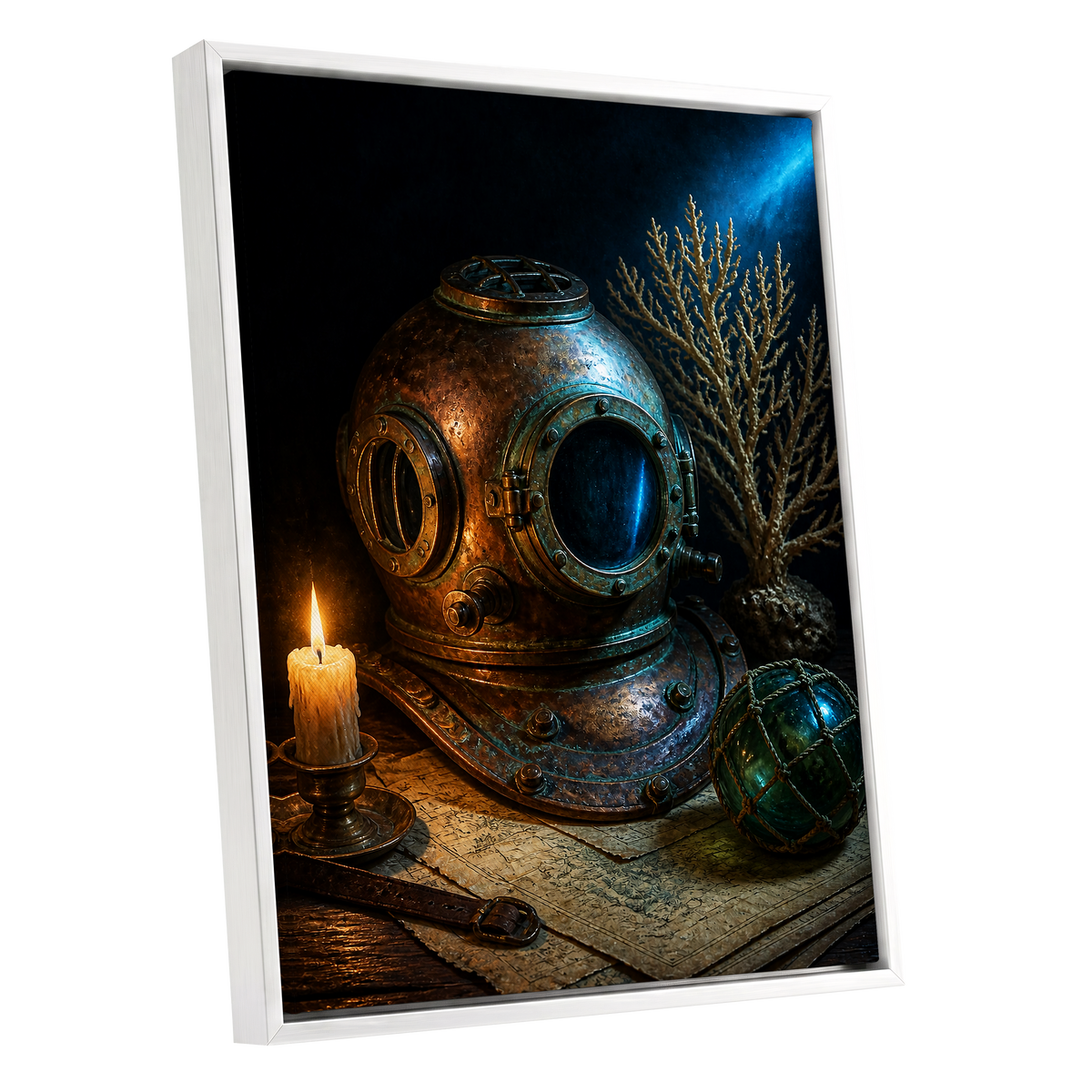 Candlelit Depths, black, blue, brown abstract wall art shown as a white framed canvas wall art