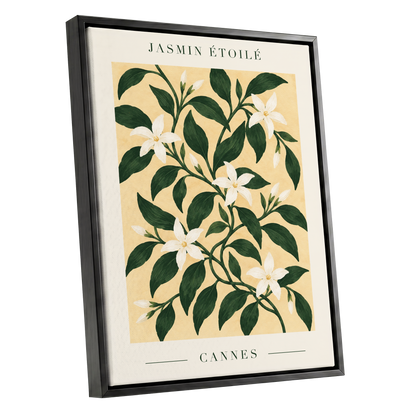 Cannes Jasmine Flourish, green, beige, white floral wall art shown as a black framed canvas wall art