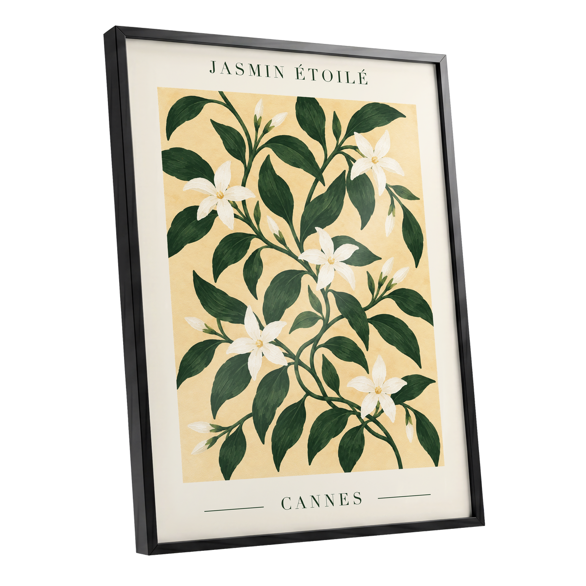 Cannes Jasmine Flourish, green, beige, white floral wall art shown as a black framed poster wall art print