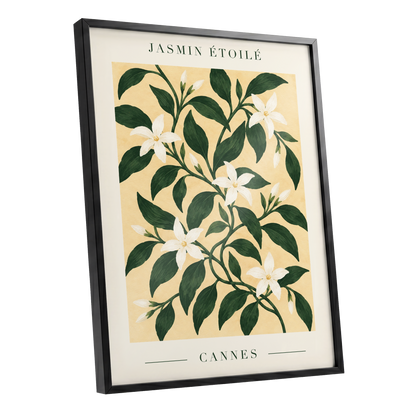 Cannes Jasmine Flourish, green, beige, white floral wall art shown as a black framed poster wall art print