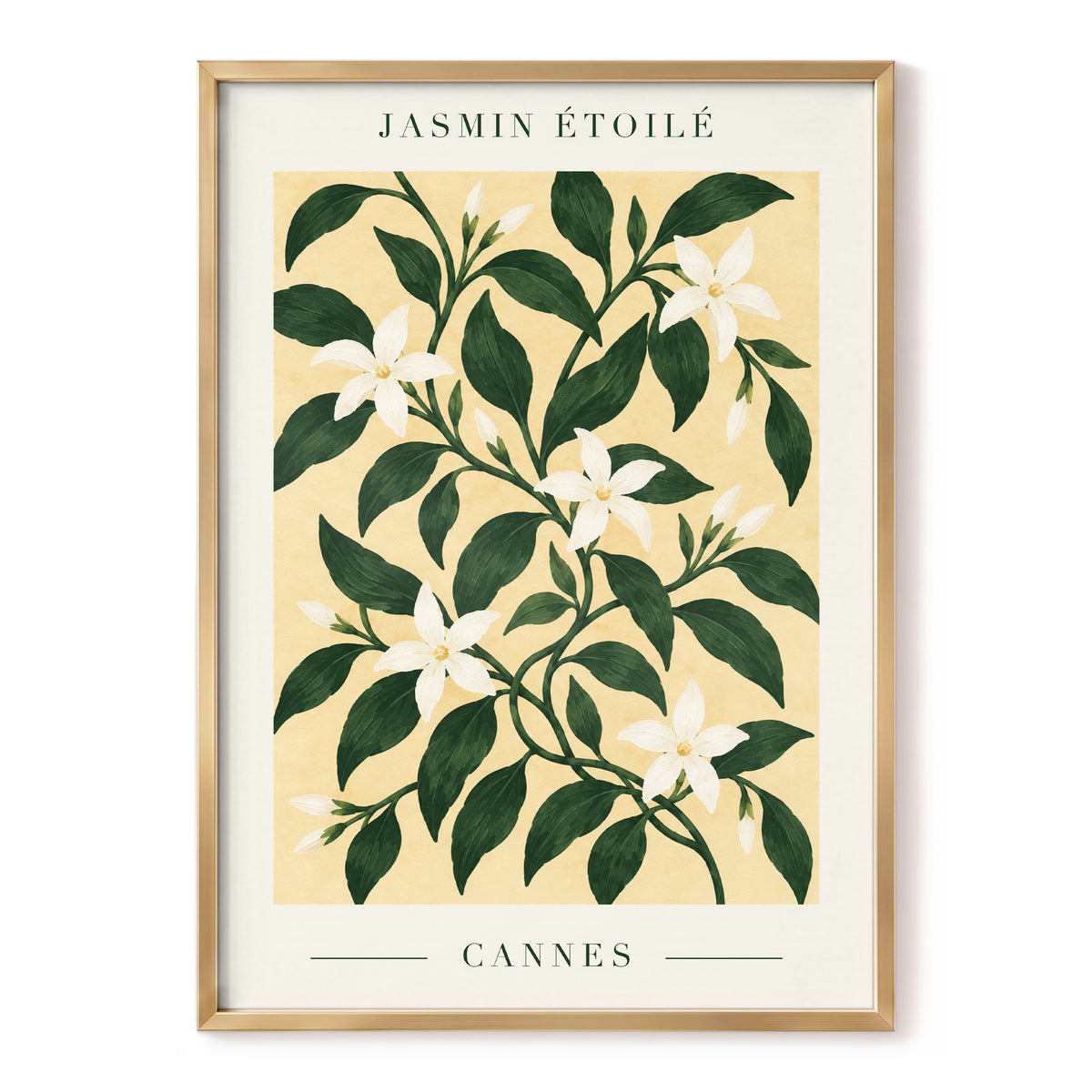 Cannes Jasmine Flourish, green, beige, white floral wall art, front artwork view