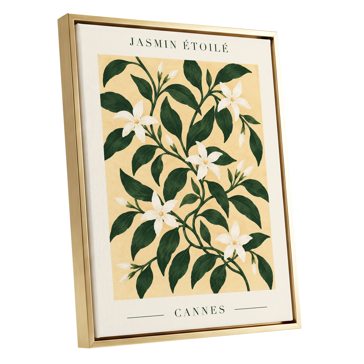 Cannes Jasmine Flourish, green, beige, white floral wall art shown as a gold framed canvas wall art