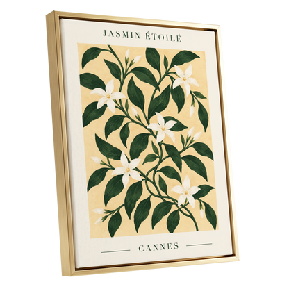 Cannes Jasmine Flourish, green, beige, white floral wall art shown as a gold framed canvas wall art