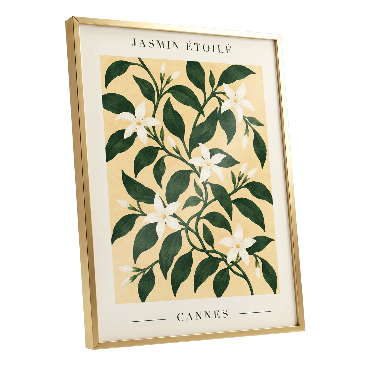 Cannes Jasmine Flourish, green, beige, white floral wall art shown as a gold framed poster wall art print