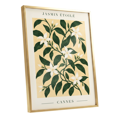 Cannes Jasmine Flourish, green, beige, white floral wall art shown as a gold framed poster wall art print