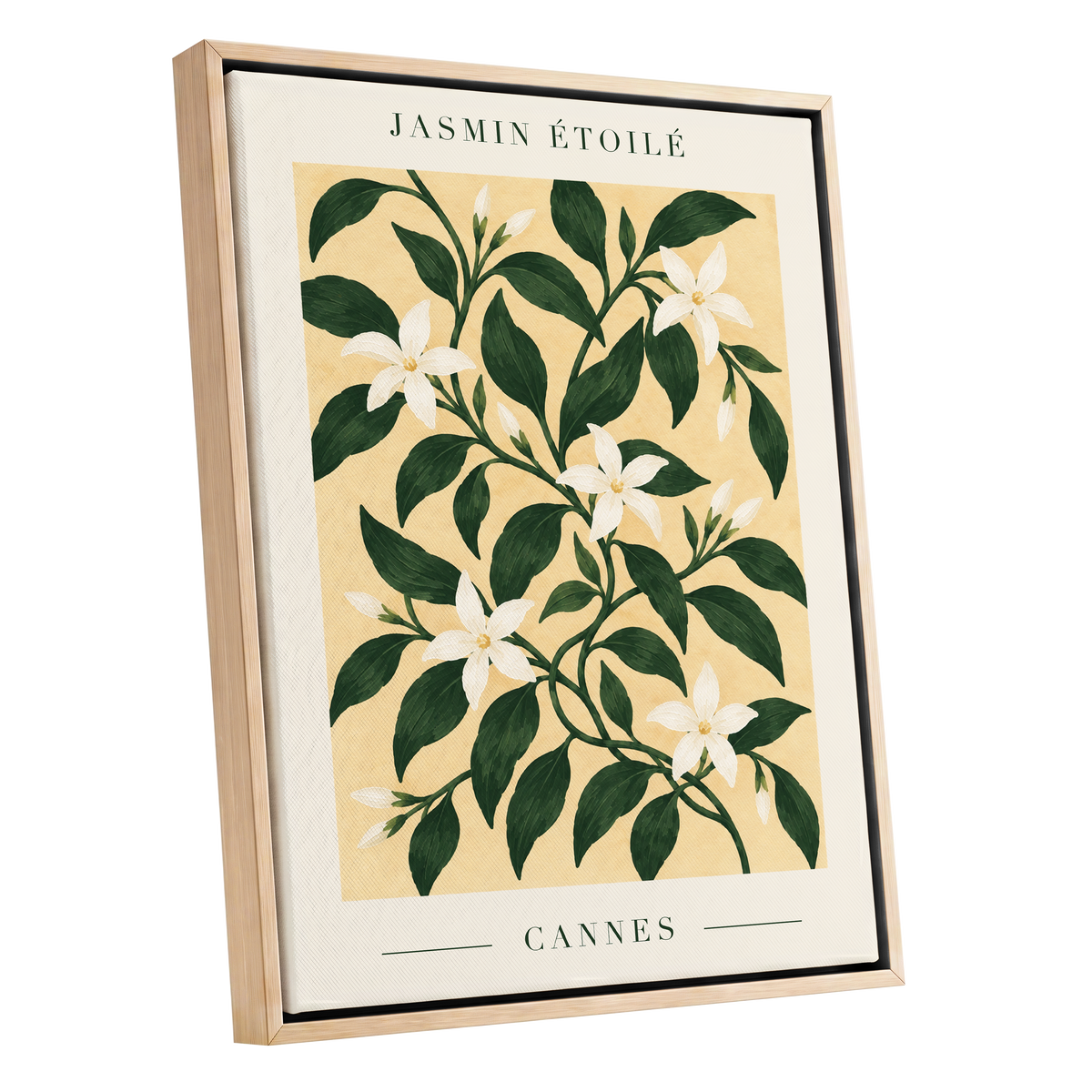 Cannes Jasmine Flourish, green, beige, white floral wall art shown as a oak framed canvas wall art
