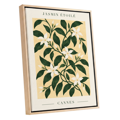 Cannes Jasmine Flourish, green, beige, white floral wall art shown as a oak framed canvas wall art