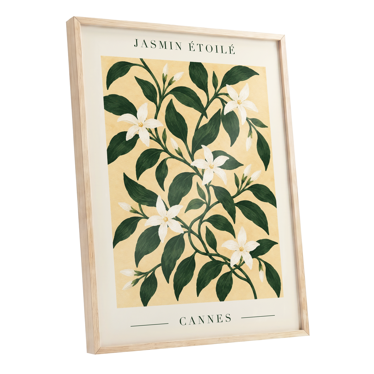 Cannes Jasmine Flourish, green, beige, white floral wall art shown as a oak framed poster wall art print