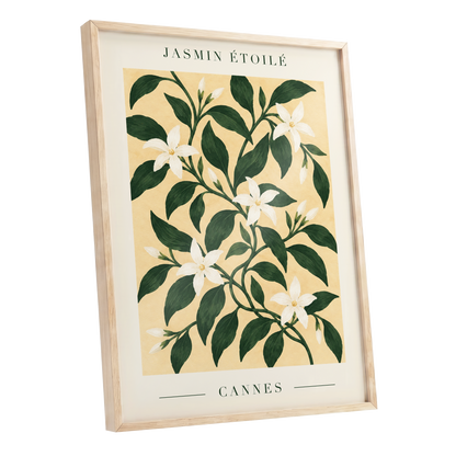 Cannes Jasmine Flourish, green, beige, white floral wall art shown as a oak framed poster wall art print