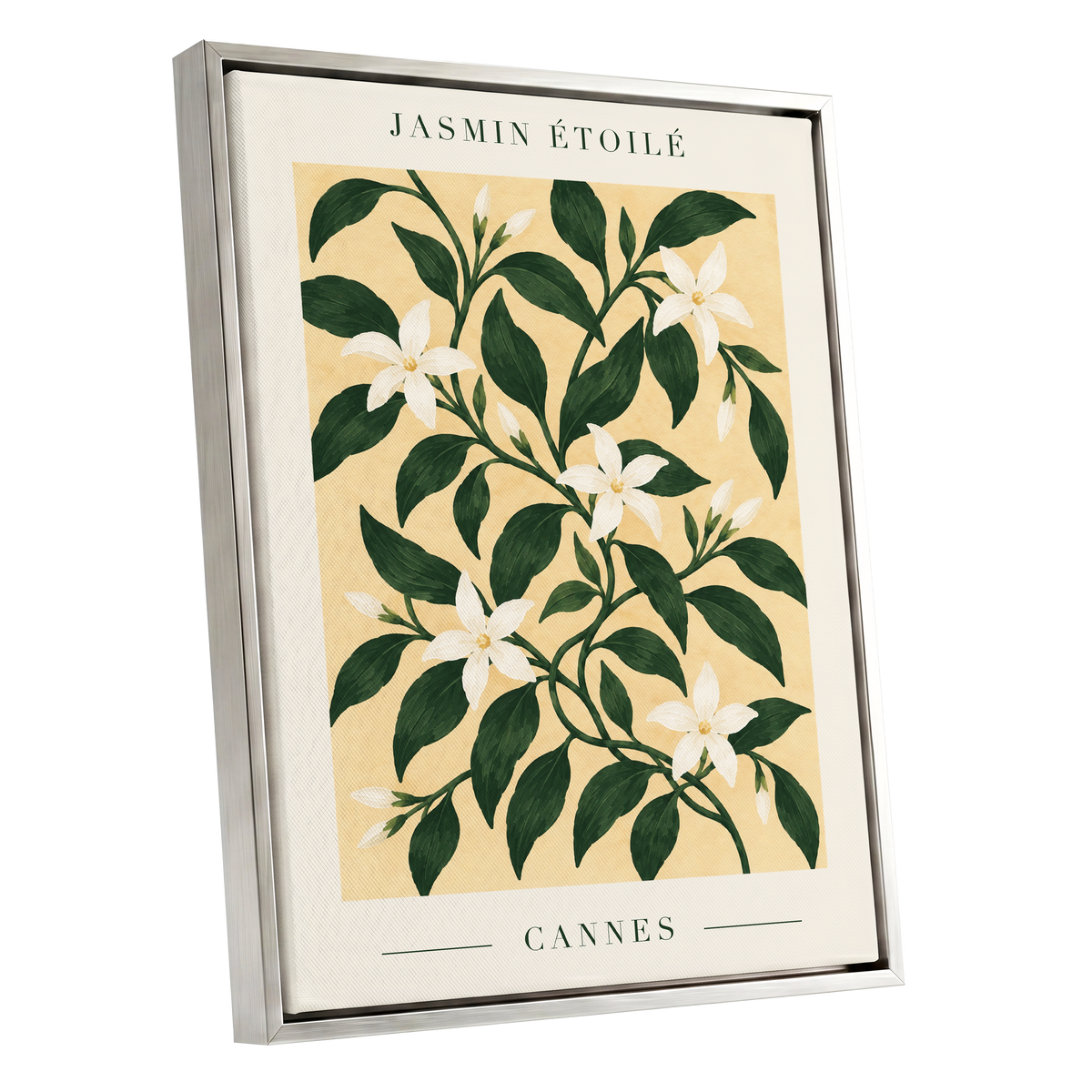 Cannes Jasmine Flourish, green, beige, white floral wall art shown as a silver framed canvas wall art