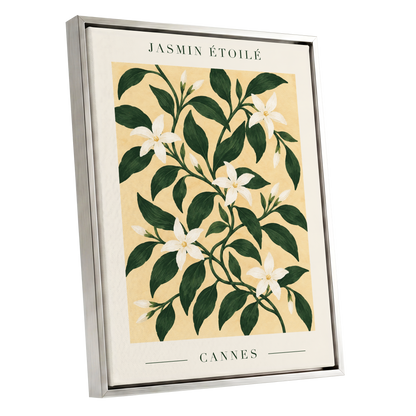 Cannes Jasmine Flourish, green, beige, white floral wall art shown as a silver framed canvas wall art