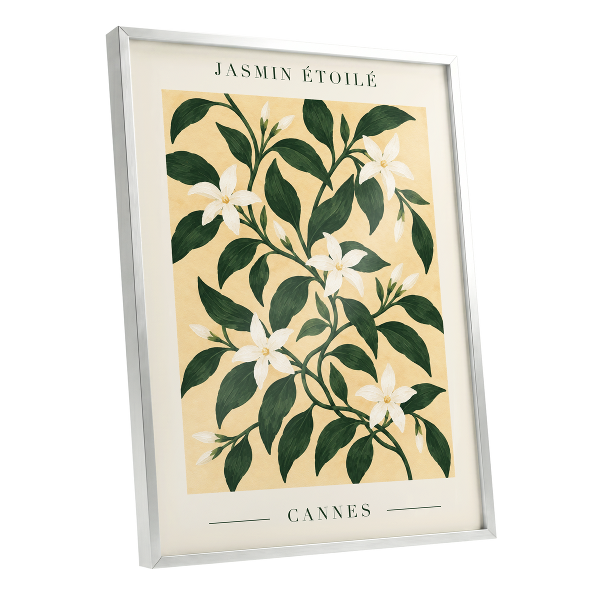 Cannes Jasmine Flourish, green, beige, white floral wall art shown as a silver framed poster wall art print