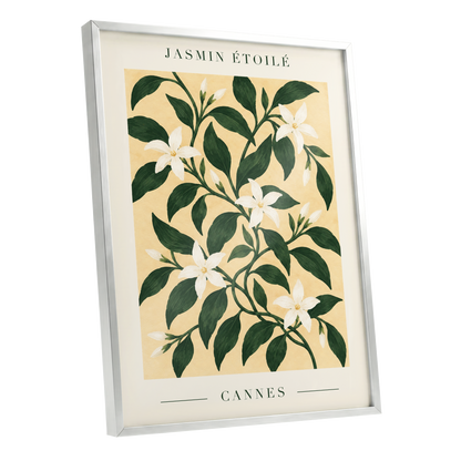 Cannes Jasmine Flourish, green, beige, white floral wall art shown as a silver framed poster wall art print