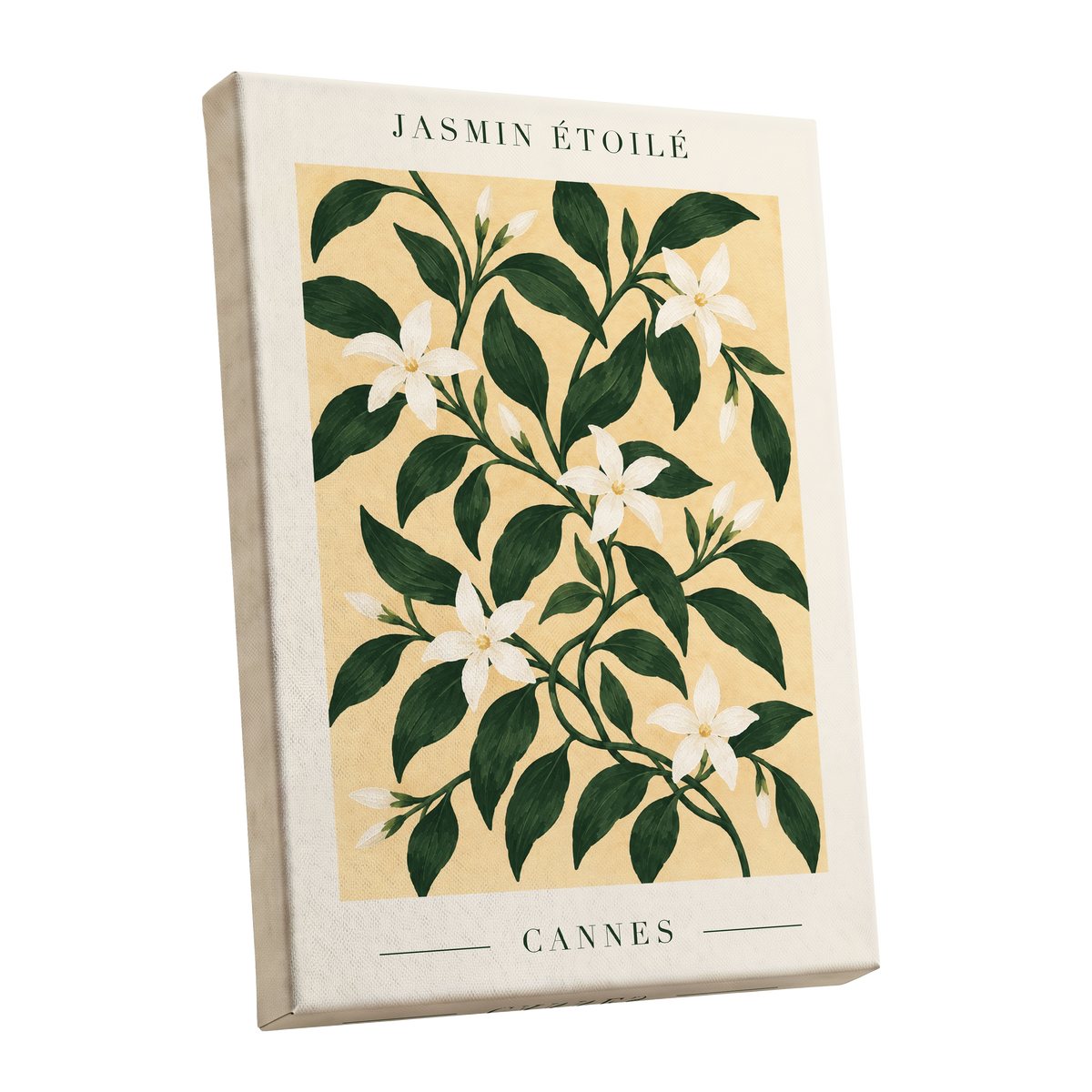 Cannes Jasmine Flourish, green, beige, white floral wall art shown as a stretched canvas wall art