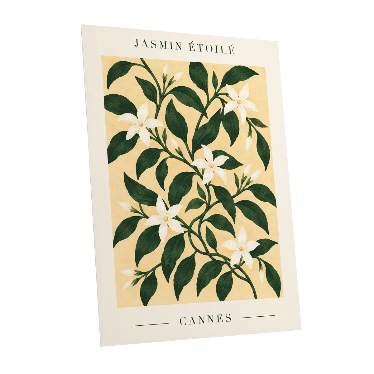 Cannes Jasmine Flourish, green, beige, white floral wall art shown as a unframed poster wall art print
