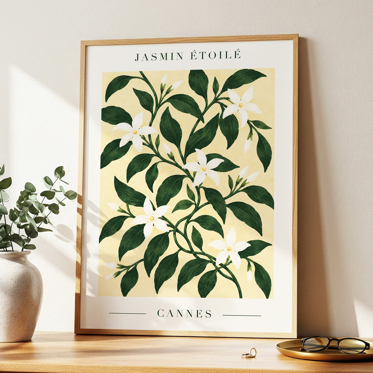 Cannes Jasmine Flourish, green, beige, white floral wall art displayed in a styled interior, gallery view 2