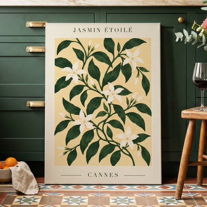 Cannes Jasmine Flourish, green, beige, white floral wall art displayed in a styled interior, gallery view 3