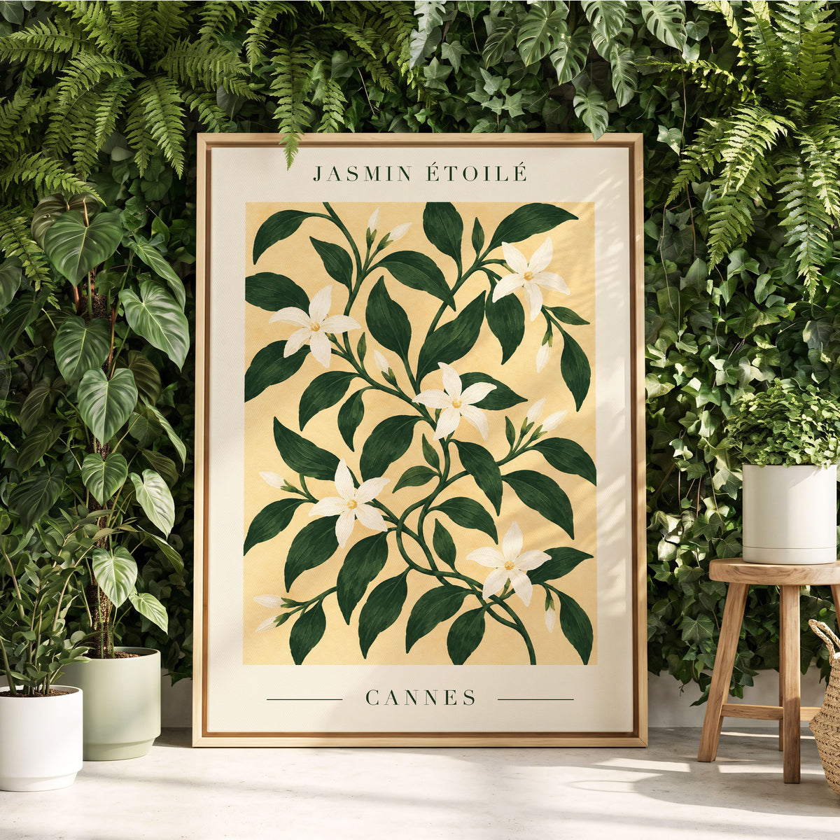 Cannes Jasmine Flourish, green, beige, white floral wall art displayed in a styled interior, gallery view 4