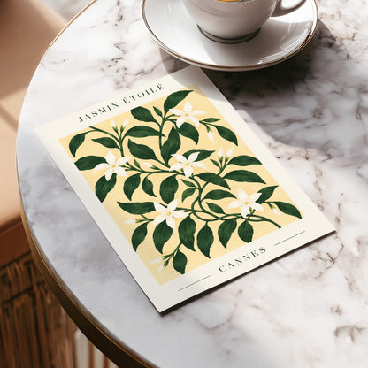 Cannes Jasmine Flourish, green, beige, white floral wall art displayed in a styled interior, gallery view 5