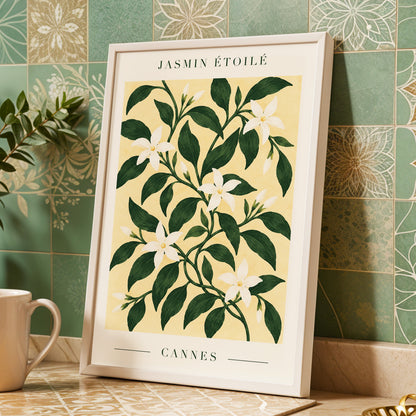 Cannes Jasmine Flourish, green, beige, white floral wall art displayed in a styled interior, gallery view 6
