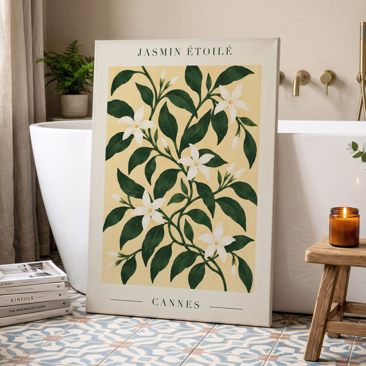 Cannes Jasmine Flourish, green, beige, white floral wall art displayed in a styled interior, gallery view 7