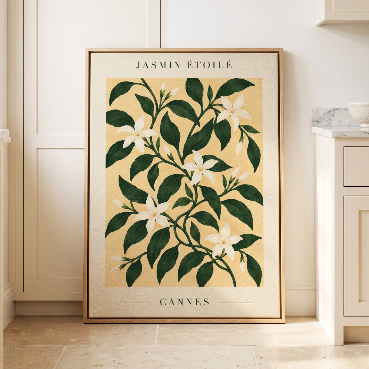 Cannes Jasmine Flourish, green, beige, white floral wall art displayed in a styled interior, gallery view 8