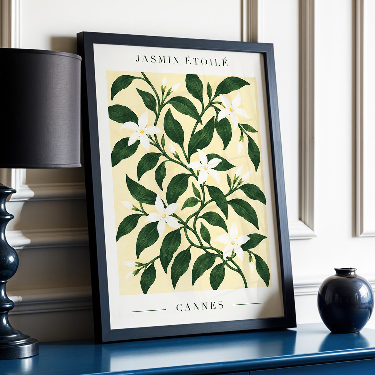 Cannes Jasmine Flourish, green, beige, white floral wall art displayed in a styled interior, gallery view 9
