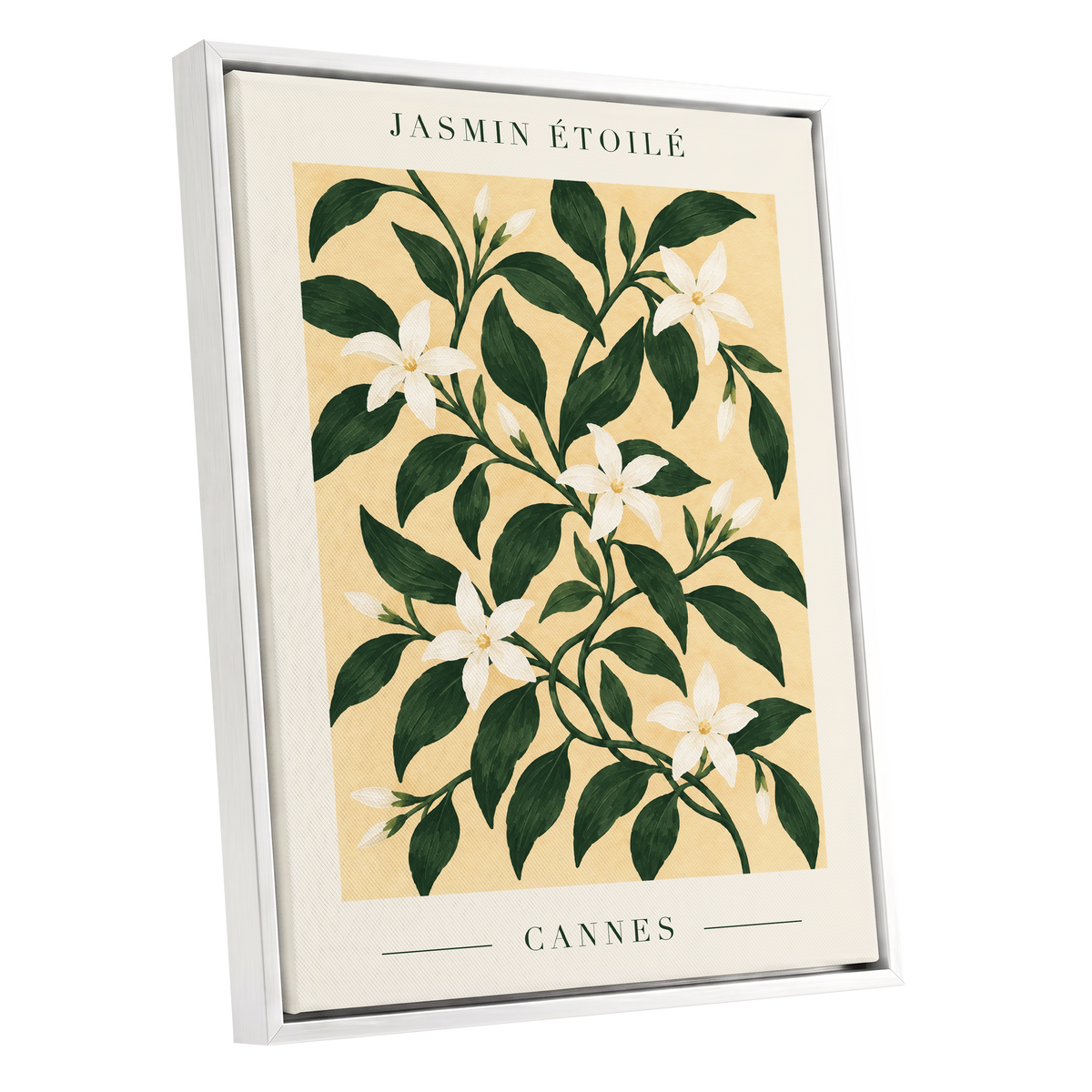Cannes Jasmine Flourish, green, beige, white floral wall art shown as a white framed canvas wall art