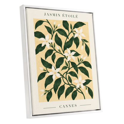 Cannes Jasmine Flourish, green, beige, white floral wall art shown as a white framed canvas wall art